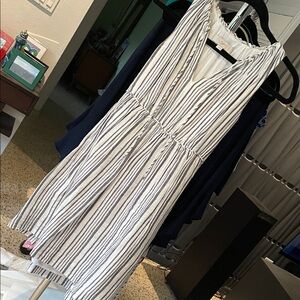 LOFT White and Black Striped Midi Dress